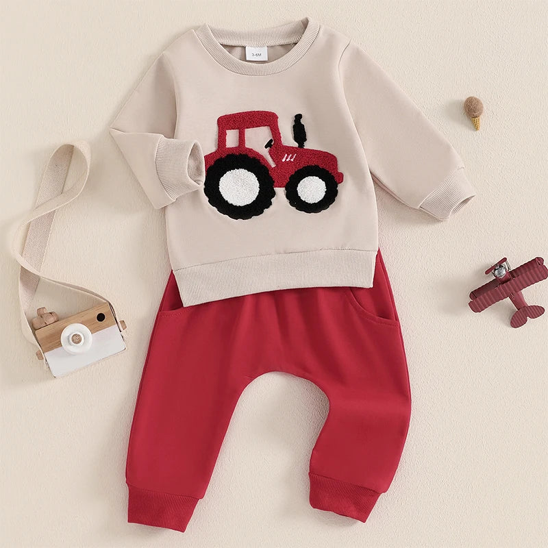 3-36 MO Boy Outfit, Tractor Embroidery Long Sleeve Sweatshirt with Solid Long Pants