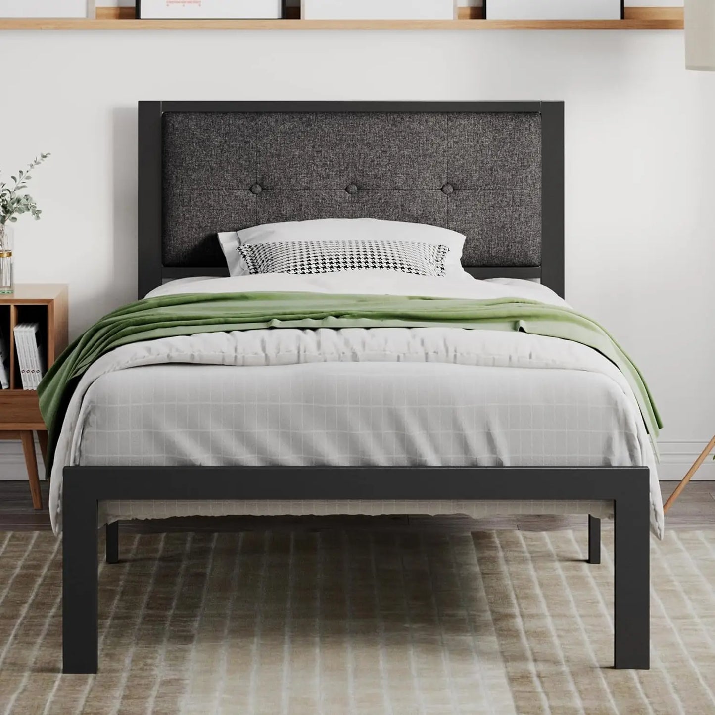 King Size Platform Bed Frame with Upholstered Headboard, Metal Slats Support, Noise Free