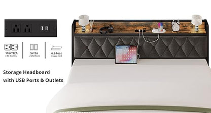 Twin/TwinXL/Full/Queen/King/CaliforniaKing Bed Frames, Storage Headboard with Outlets, No Noise, No Box Springs Needed