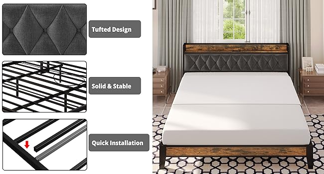 Twin/TwinXL/Full/Queen/King/CaliforniaKing Bed Frames, Storage Headboard with Outlets, No Noise, No Box Springs Needed