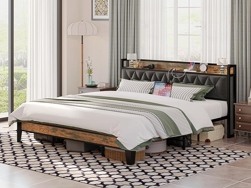 Twin/TwinXL/Full/Queen/King/CaliforniaKing Bed Frames, Storage Headboard with Outlets, No Noise, No Box Springs Needed
