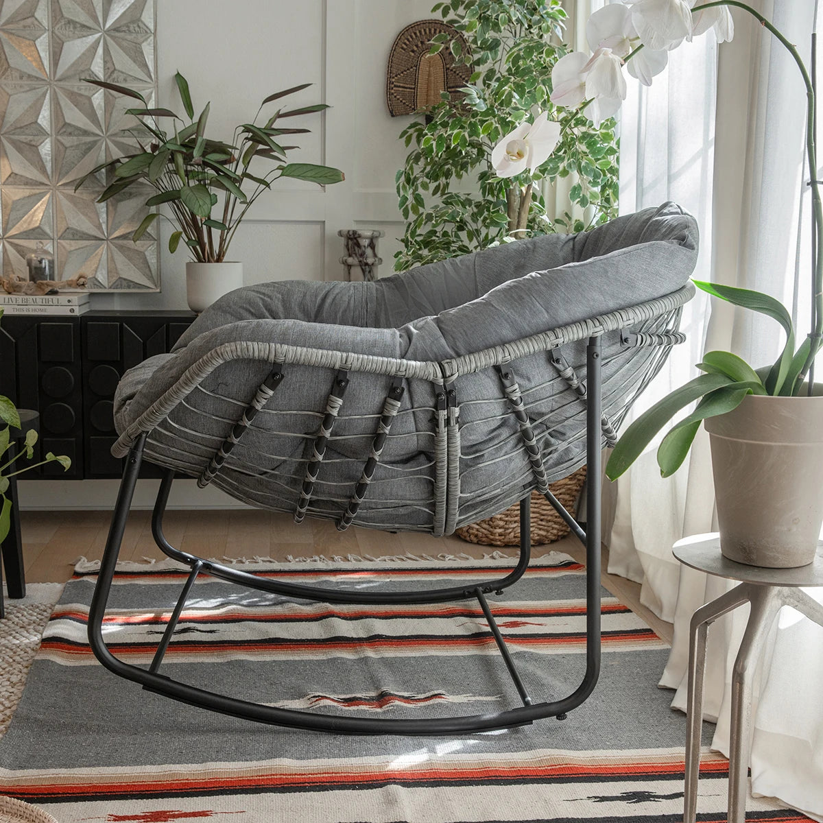 Wicker Egg Rocking Chair, Comfy Oversized, Grey