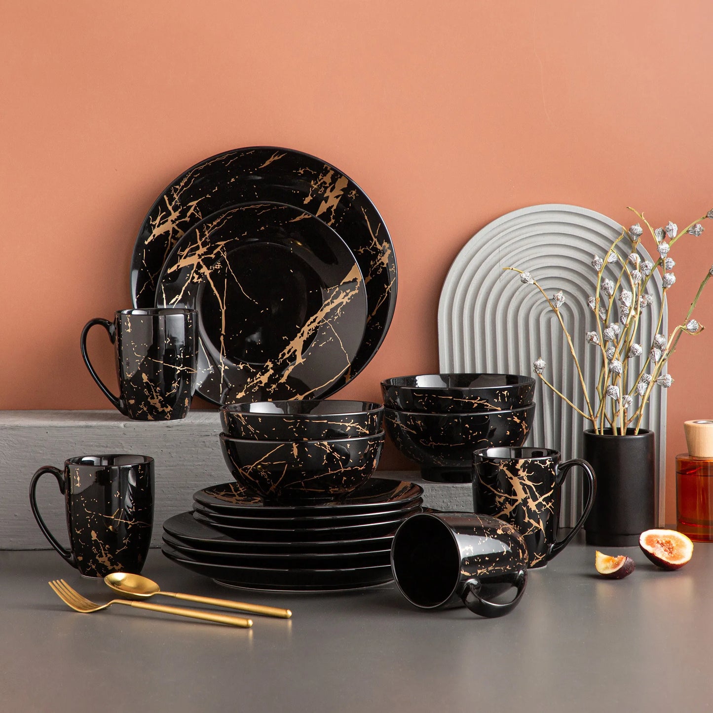 Black 16/32/48 Piece Procelain Dinnerware Set