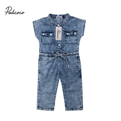 24MO-5T Summer Toddler Baby Girl Fashion Jumpsuits, Denim Blue Short Sleeve, Single Breasted Elastic Waist & Belt Romper 1-5Y