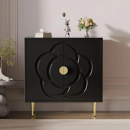Modern Accent Sideboard Buffet Cabinet for Bedroom, Living Room, Kitchen with Decorative Flower Pattern Doors