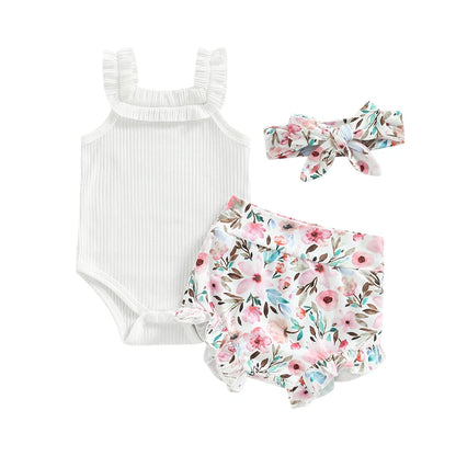 3-18M Baby Girls Shorts Set, Sleeveless Romper, Flower/Rainbow/Print Shorts, Hairband