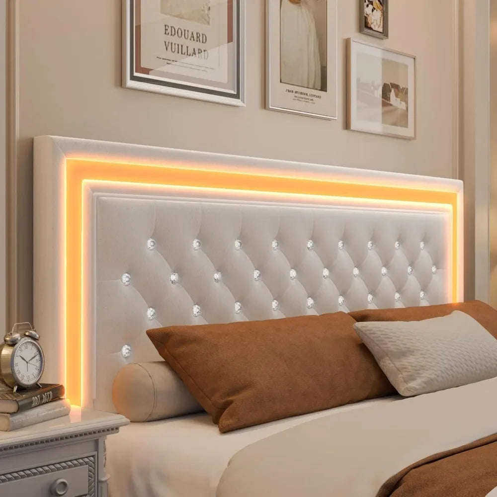 LED Upholstered Bed Frame with 4 Drawers | Adjustable Diamond Headboard • Wooden Slats • No Box Spring needed