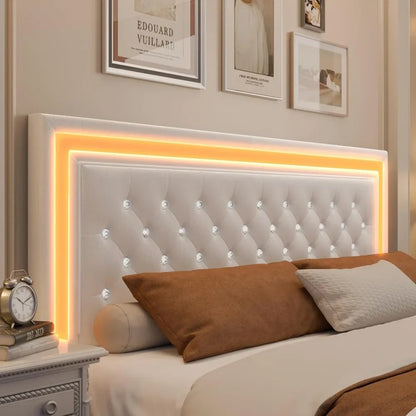 LED Upholstered Bed Frame with 4 Drawers | Adjustable Diamond Headboard • Wooden Slats • No Box Spring needed