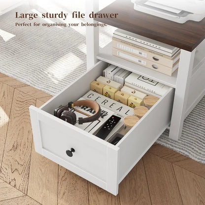 63" Farmhouse Style Computer Desk with Drawers and LED Lights, Storage Shelves and Power Outlets