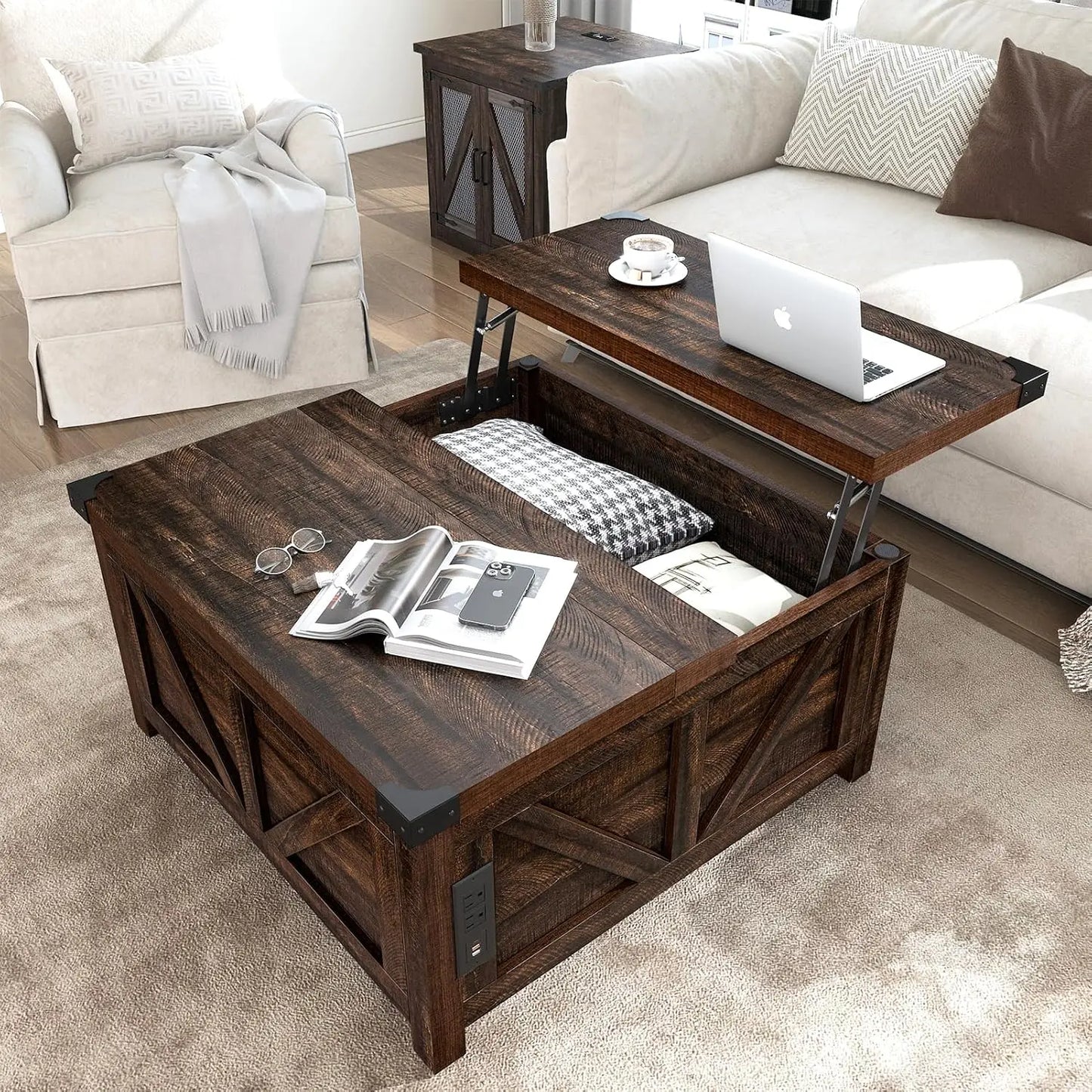 Farmhouse Lift-Top Coffee Table w/ Storage & USB Charging Station