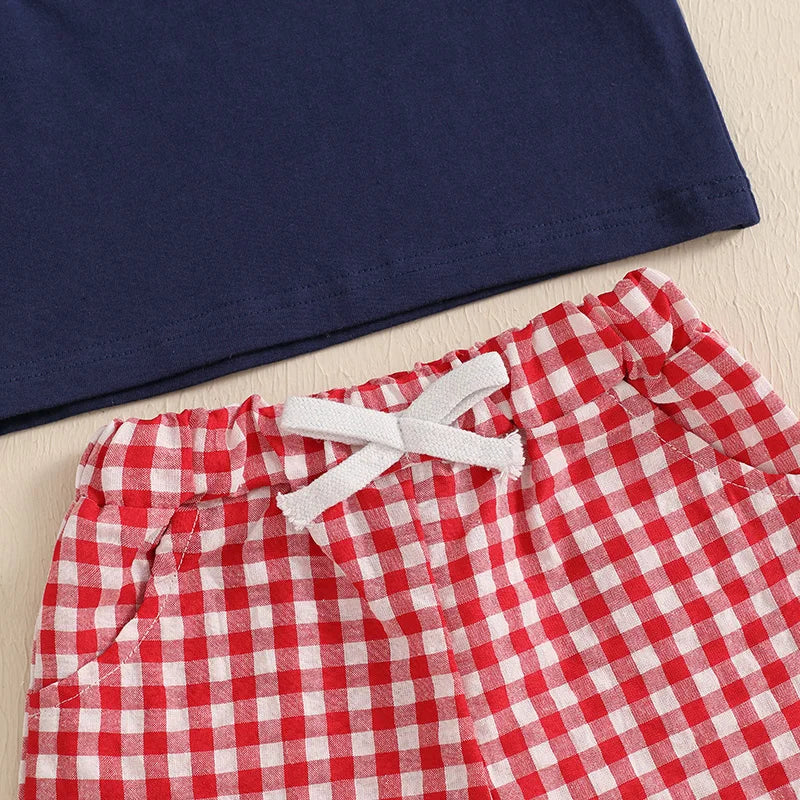 6MO-3T Baby Boy 4th of July Outfit, Short Sleeve Truck/Flag Embroidery T Shirt + Shorts