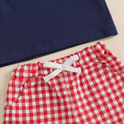 6MO-3T Baby Boy 4th of July Outfit, Short Sleeve Truck/Flag Embroidery T Shirt + Shorts