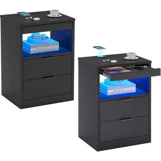 Set of 2 Night Stand with Wireless Charging Station and LED Lights with Pull-Out Shelves