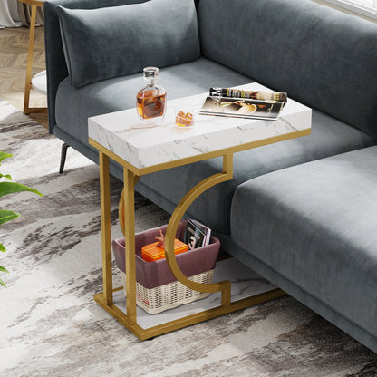 Narrow White Gold Side C Shaped End/Bedside Table