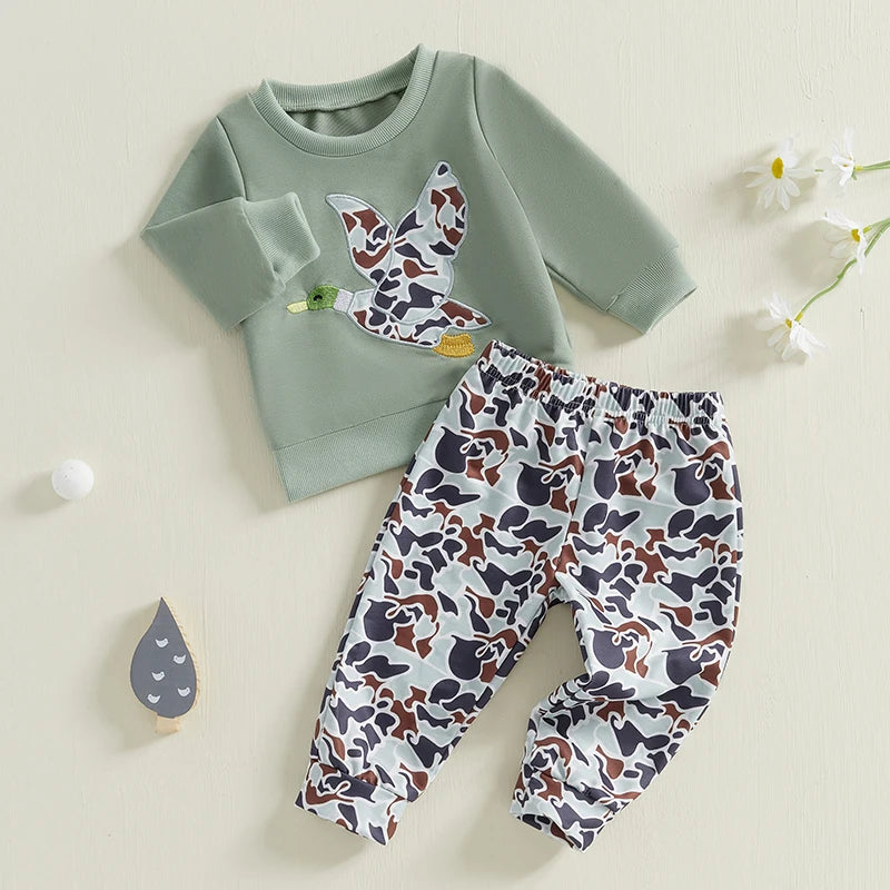 6MO-3T Spring Kids/Baby Boy Outfit Sets, Long Sleeve Duck Embroidery Pullover, Camouflage Pants