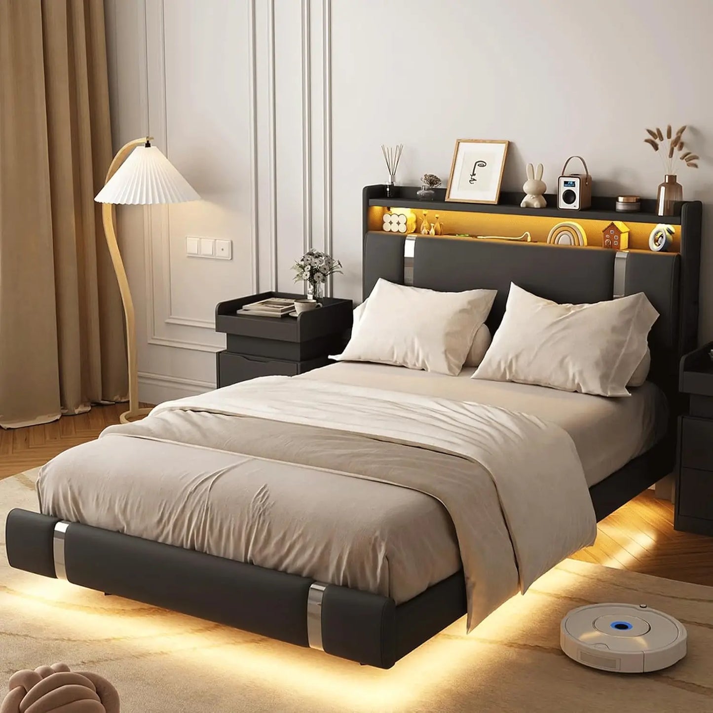 Floating Bed Frame with LED Light and Charging Station, Storage Headboard