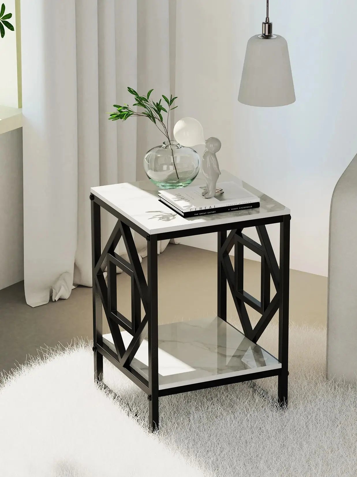 White Marble Top Side Table, Black Coated Frame