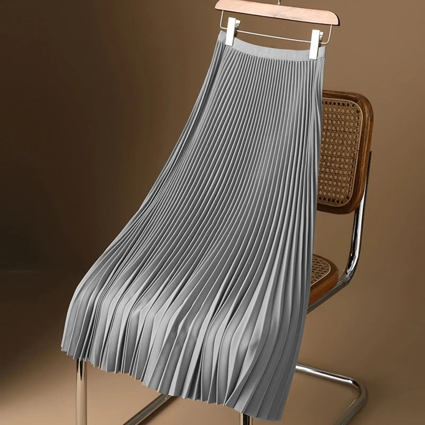 Elegant A Line Satin Long Skirt, Elastic High Waist, Pleated Skirt