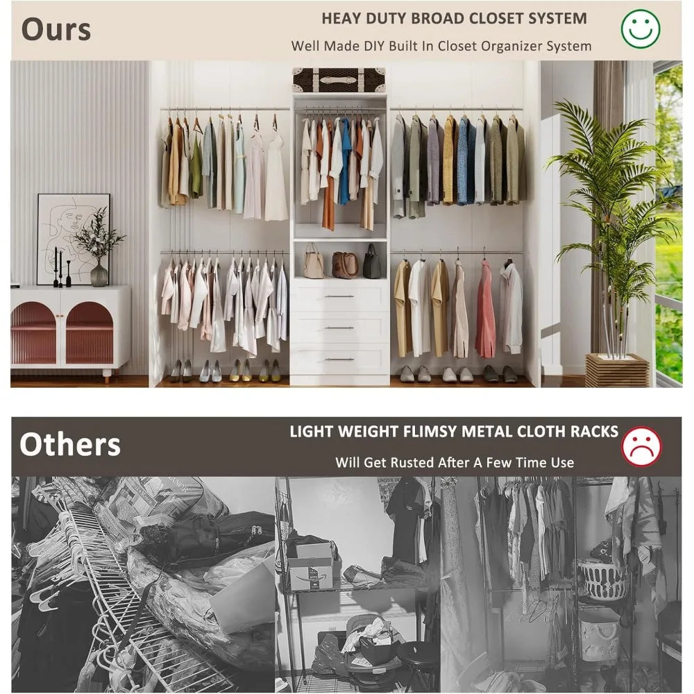 Closet System with 3 Drawers, 4-8.5 FT Wooden Closet Organizer System, 103” Closet Built in System with Shelves
