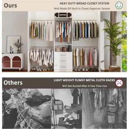 Closet System with 3 Drawers, 4-8.5 FT Wooden Closet Organizer System, 103” Closet Built in System with Shelves