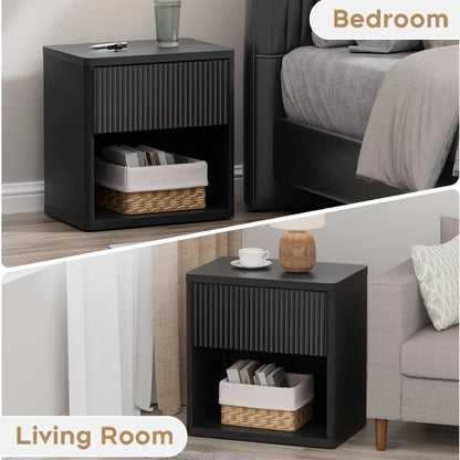 Set of 2, 22.8" W Nightstand  with Hidden Drawers and Open Shelves