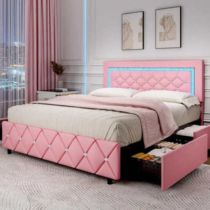 Platform Bed with Diamond Headboard and Footboard with LED, Storage Drawers