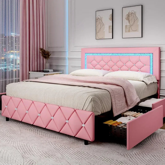 Platform Bed with Diamond Headboard and Footboard with LED, Storage Drawers