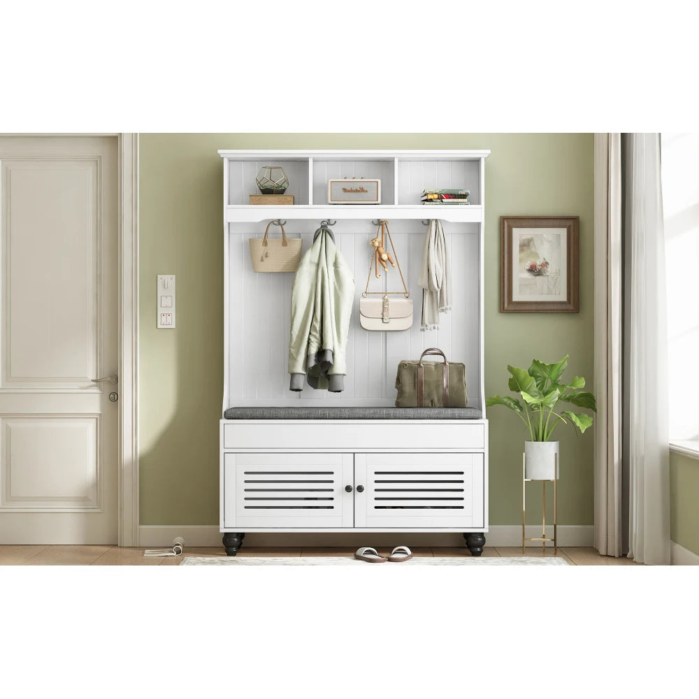 47.2'' Wide Hall Tree with Storage, 5-in-1 Entryway Bench with Shutter-shaped doors, Coat Rack, Cushion and 4 Sturdy Hooks