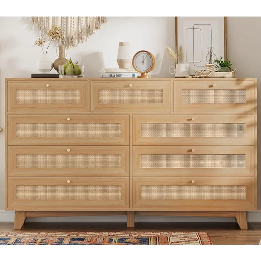 9 Drawer Dresser with Natural Rattan Drawers