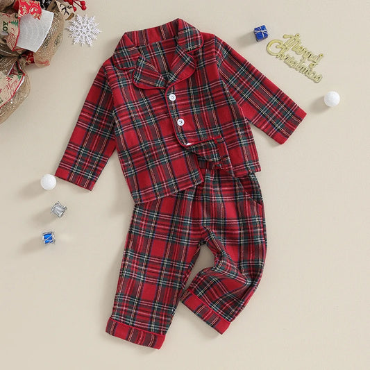 6M-4Y Kids Christmas Pajamas Set, Plaid Button up Long Sleeve Shirt and Elastic Pants Sleepwear