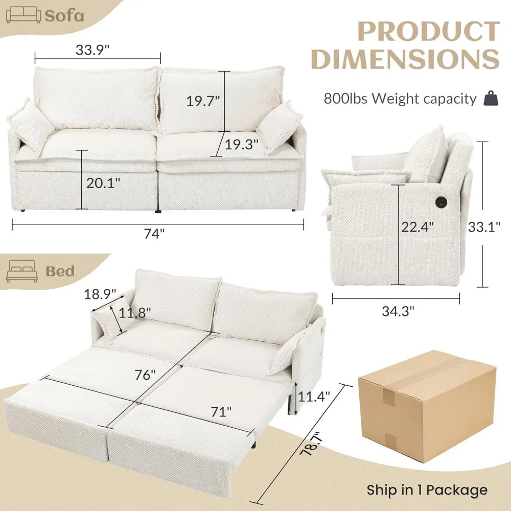 74" King Pull Out Sofa Bed  with USB Charging
