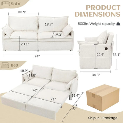 74" King Pull Out Sofa Bed  with USB Charging