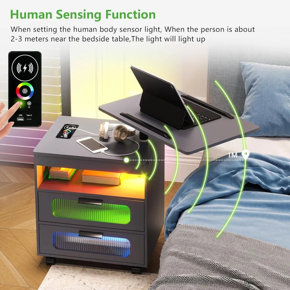 LED Nightstand Set of 2 with Wireless Charging Station, Smart Night Stand with Adjustable Rotary Table