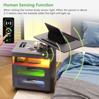 LED Nightstand Set of 2 with Wireless Charging Station, Smart Night Stand with Adjustable Rotary Table
