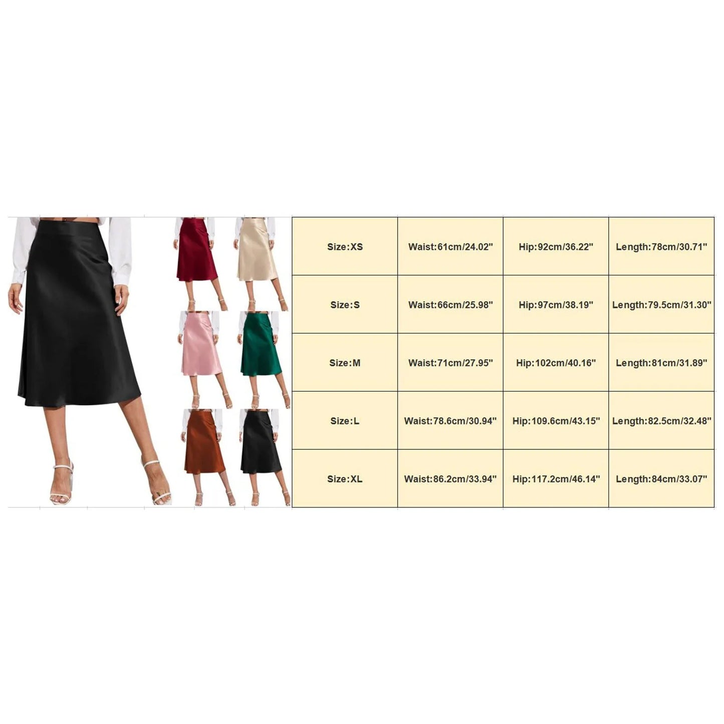 Womens Elegant Satin Skirt, High Waist, Midi Length, Satin Silk, Solid Color Office Work Skirts