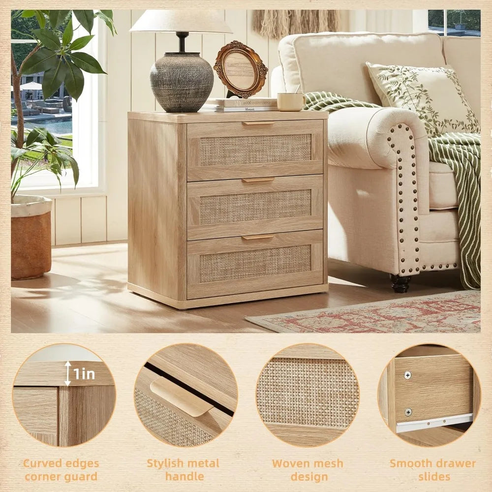 Set of 2, 23" Large 3 Drawer Sidestand, Natural Wood