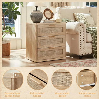 Set of 2, 23" Large 3 Drawer Sidestand, Natural Wood