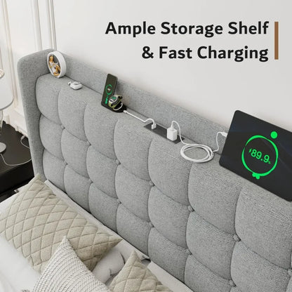 Queen Upholstered Bed Frame w/Charging & Storage, No Box Spring Needed