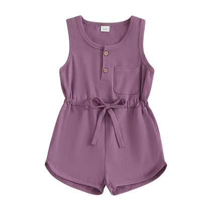 Little Girls Summer Casual Jumpsuit, Sleeveless, Crewneck, Solid Color Drawstring Tank Romper