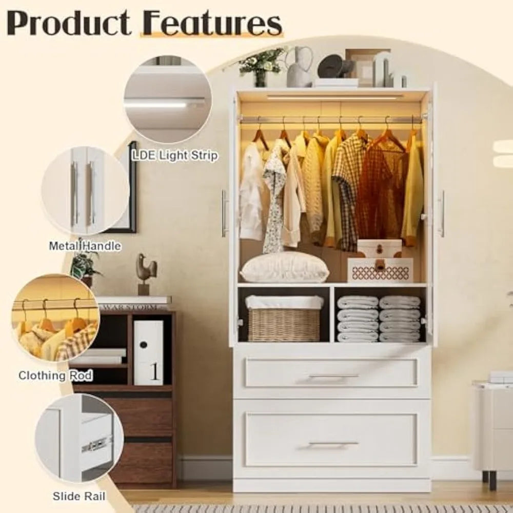 71" 2 Doors Armoire Wardrobe Closet with 2 Drawers and LED