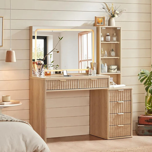 43.5'' Vanity Desk with Mirror and Lights, with 6 Drawers and Adjustable Shelves, Glass Top