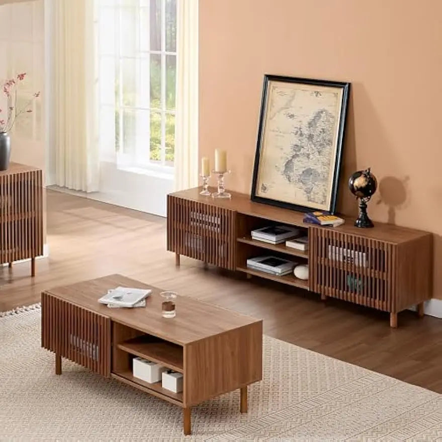 70" TV Stand for TV up to 75", Slatted Entertainment Center with Storage and Open Shelves