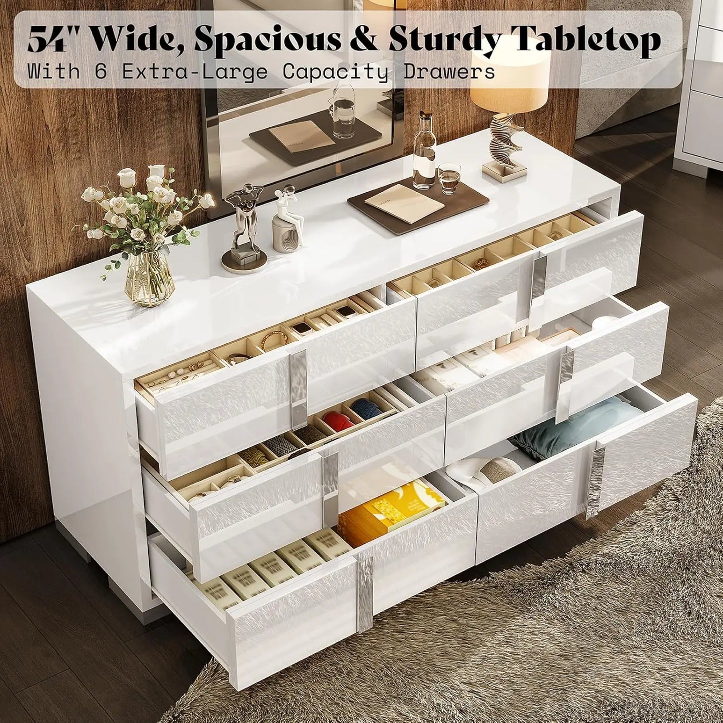 54" Wide High Gloss Dresser with 6 Drawers, Silver Grooved Handle, Contemporary Storage Chest