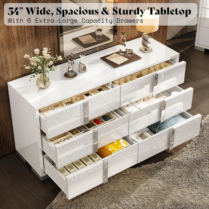 54" Wide High Gloss Dresser with 6 Drawers, Silver Grooved Handle, Contemporary Storage Chest