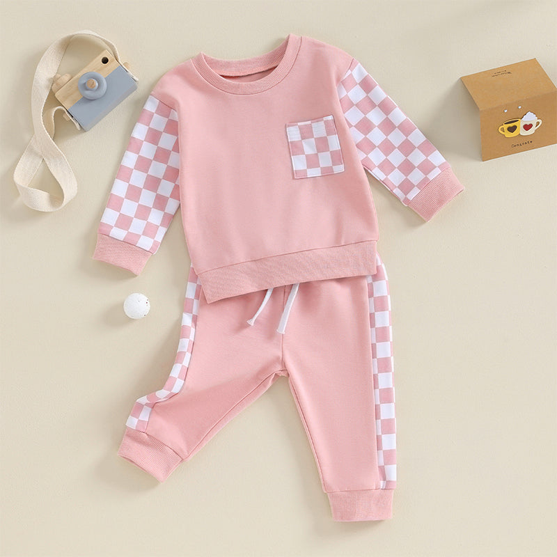 0 MO-3Y Girl Clothes Outfits, Long Sleeve, Checkboard Sweatshirt and Pants Set