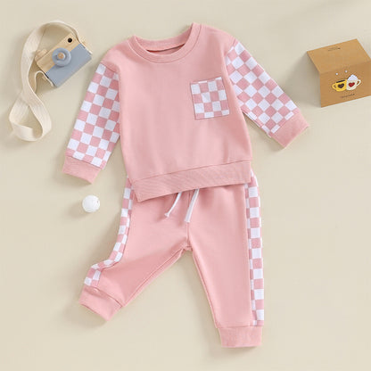 0 MO-3Y Girl Clothes Outfits, Long Sleeve, Checkboard Sweatshirt and Pants Set