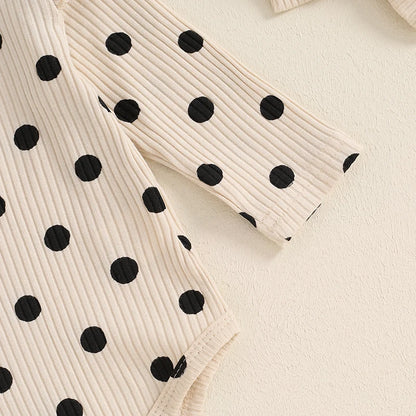 0-18M Baby Girls Fall Outfit, Long Sleeve Dots Print Romper with Pants and Bowknot Headband Clothing Set