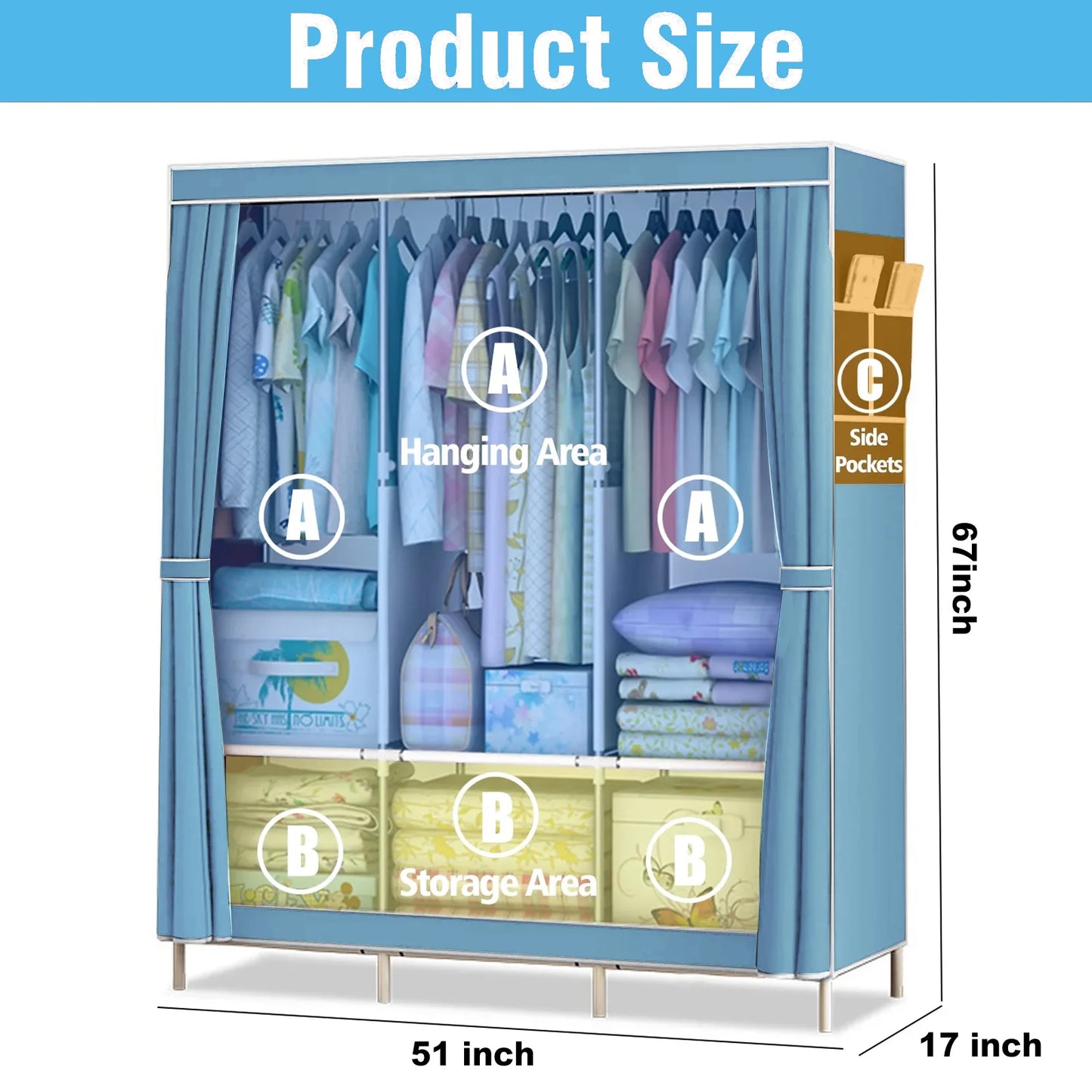 Closet Wardrobe Organizer Storage Rack, Portable, Dustproof, Non-woven Fabric Quick and Easy to Assemble