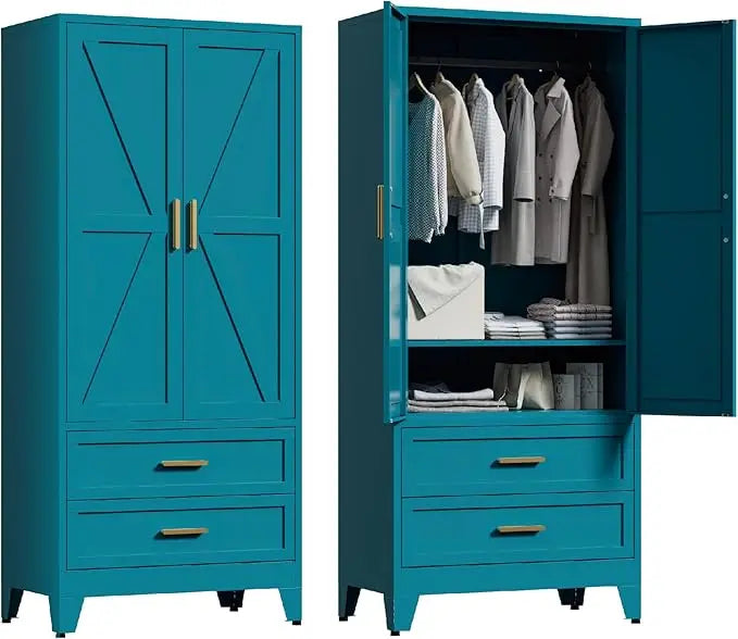 71'' Metal Wardrobe Cabinet with Hanging Rod, 2 Barn Door with Adjustable Shelves, 2 Drawer