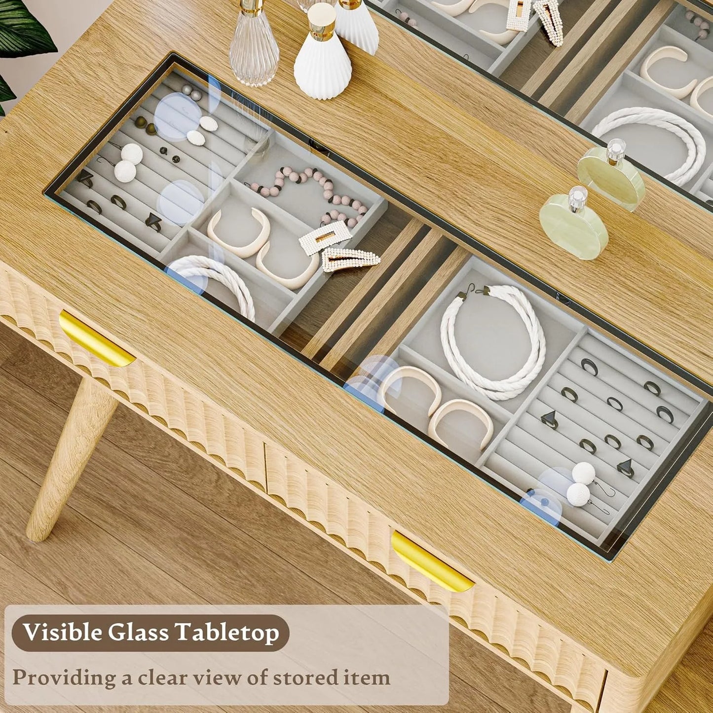 Fluted 45" Glass Top Makeup Table with 5 Drawers, Power Outlet & Storage Cabinet,